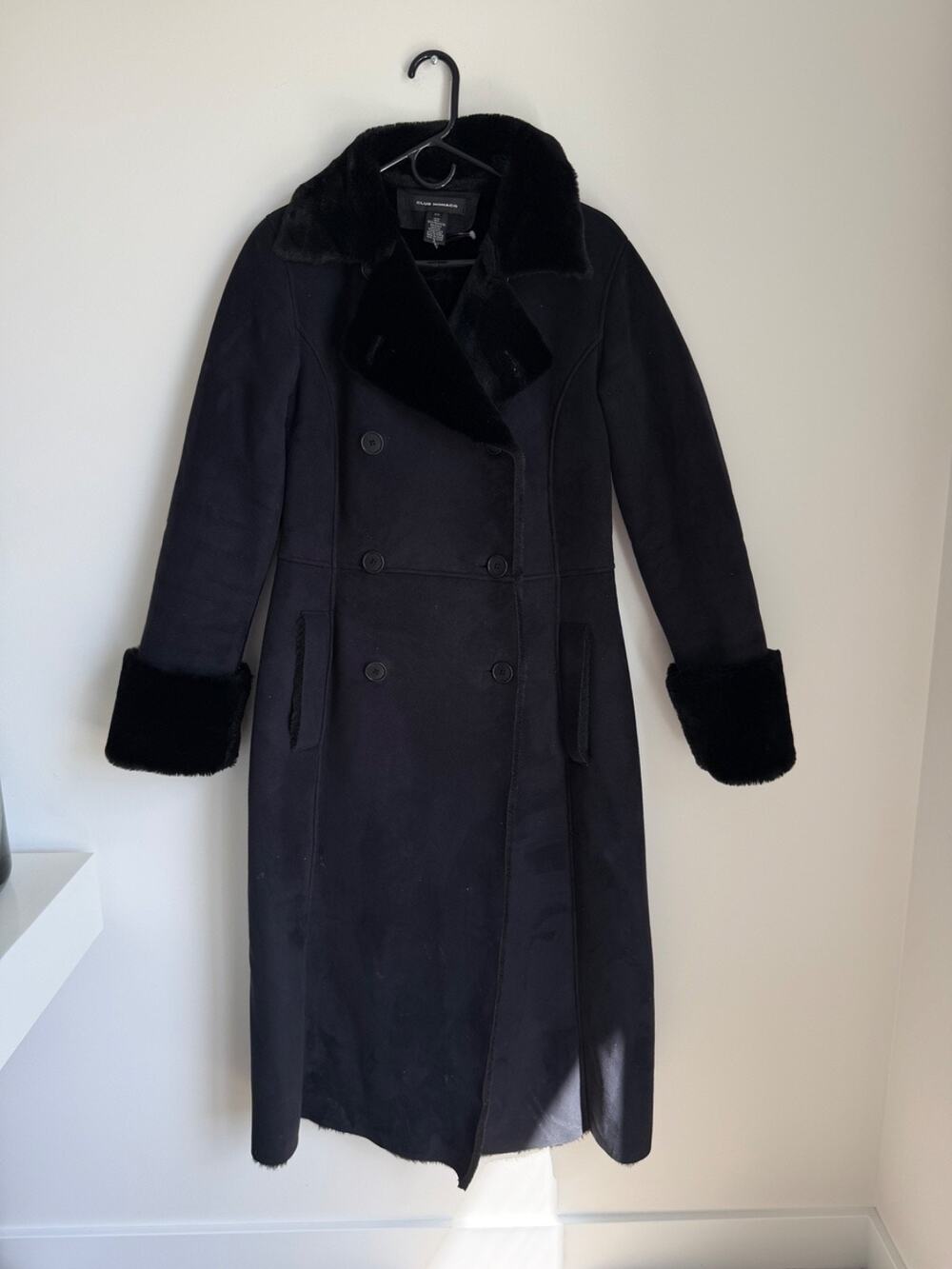 Club Monaco Faux Fur Trench Coat Women's Double Breasted Pockets Long